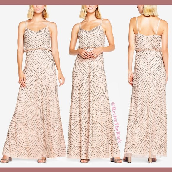 NEW Adrianna Papell Art Deco Beaded Blouson Gown in‎ Taupe Pink [SZ 8 ] - Picture 1 of 11